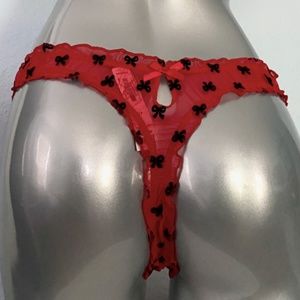 Victorias Secret Nwt Sexy Red Mesh Bow Keyhole Ruffle Thong Panty